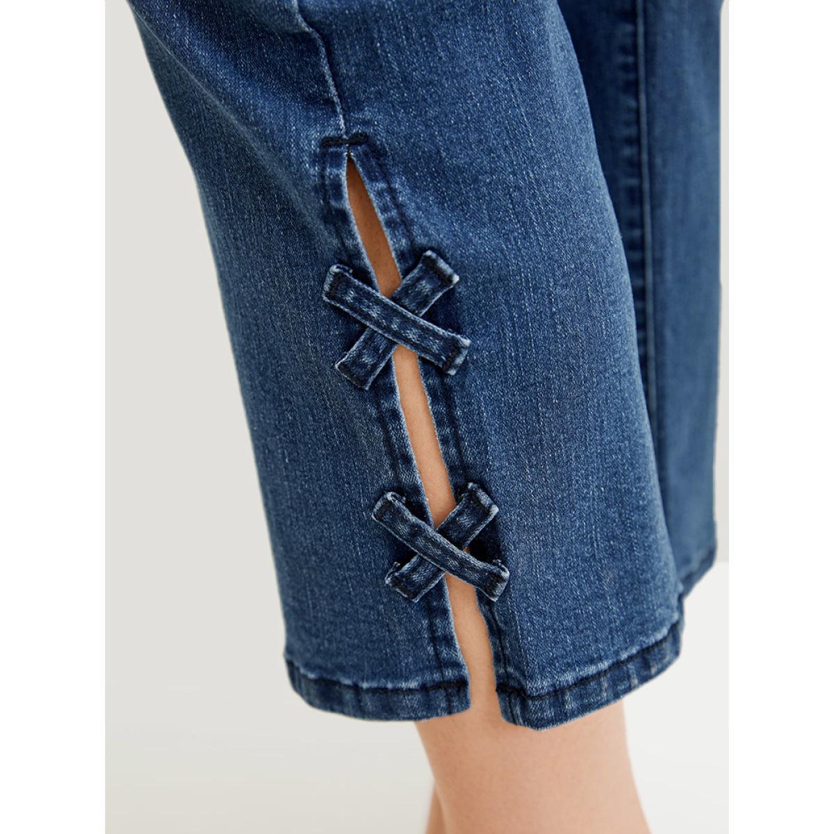 Plus Size Very Stretchy Medium Wash Patched Detail Cut Out Jeans Women Blue Casual Plain Cut-Out High stretch Pocket Jeans BloomChic 22/3X Product Image