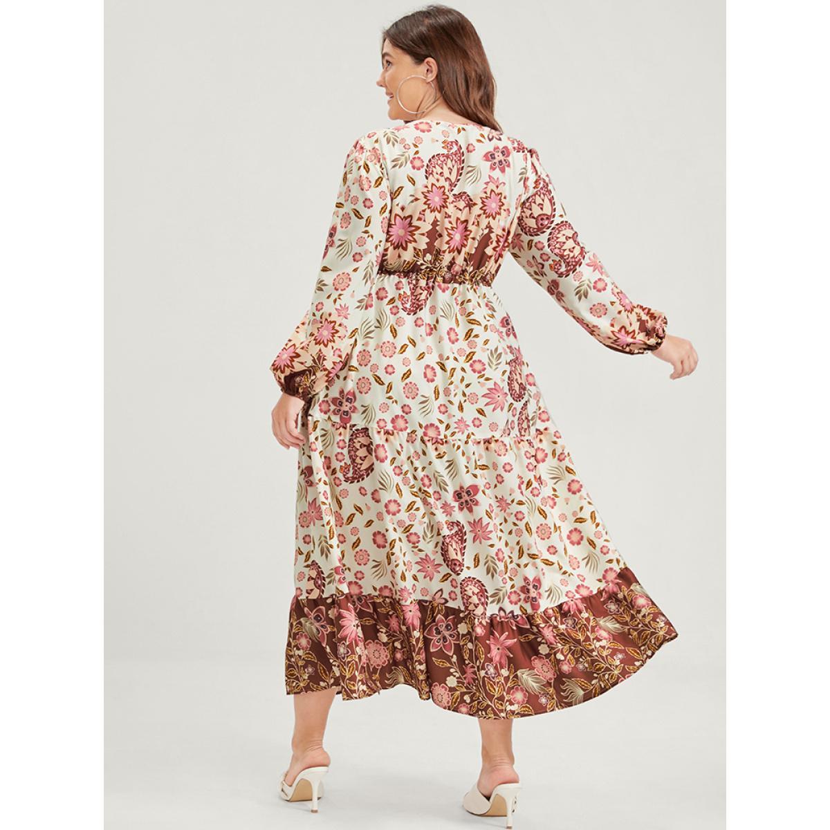 Plus Size Floral Lantern Sleeve Pocket Split Tie Flutter Midi Dress WhiteSmoke Women Vacation Gathered V-neck Long Sleeve Curvy Midi Dress BloomChic 12/L Product Image