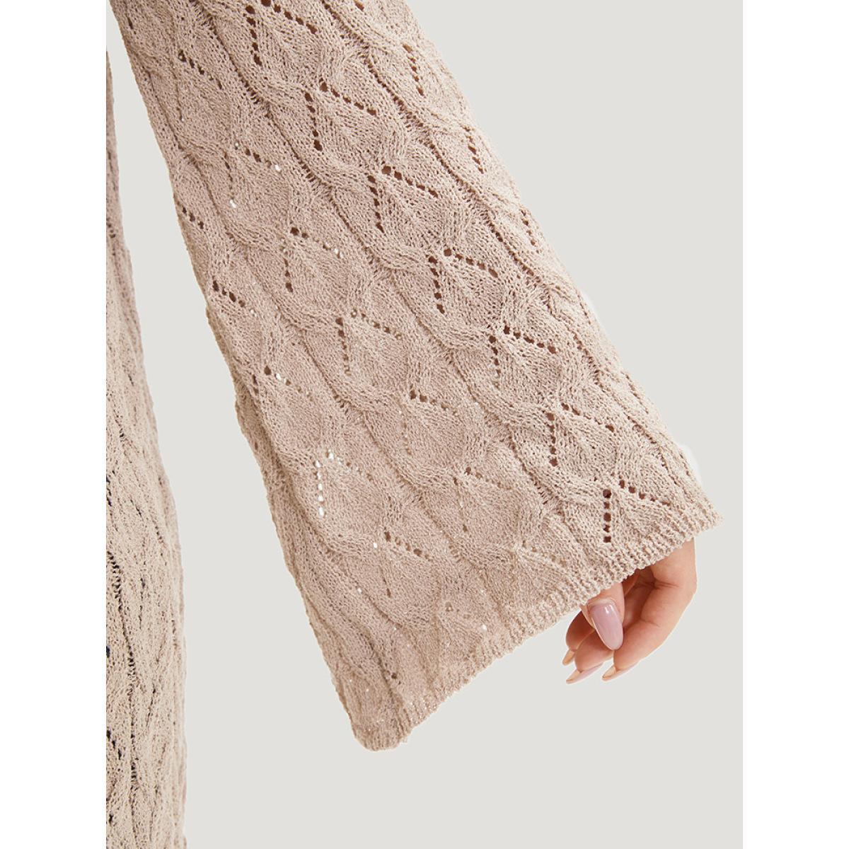 Plus Size Geometric Eyelet Tie Front Bell Sleeve Tunic Cardigan LightBrown Women Casual Loose Long Sleeve Dailywear Cardigans BloomChic 14-16/1X Product Image