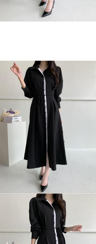 Long-Sleeve Pinstriped Contrast Trim Button-Up Midi A-Line Dress Product Image