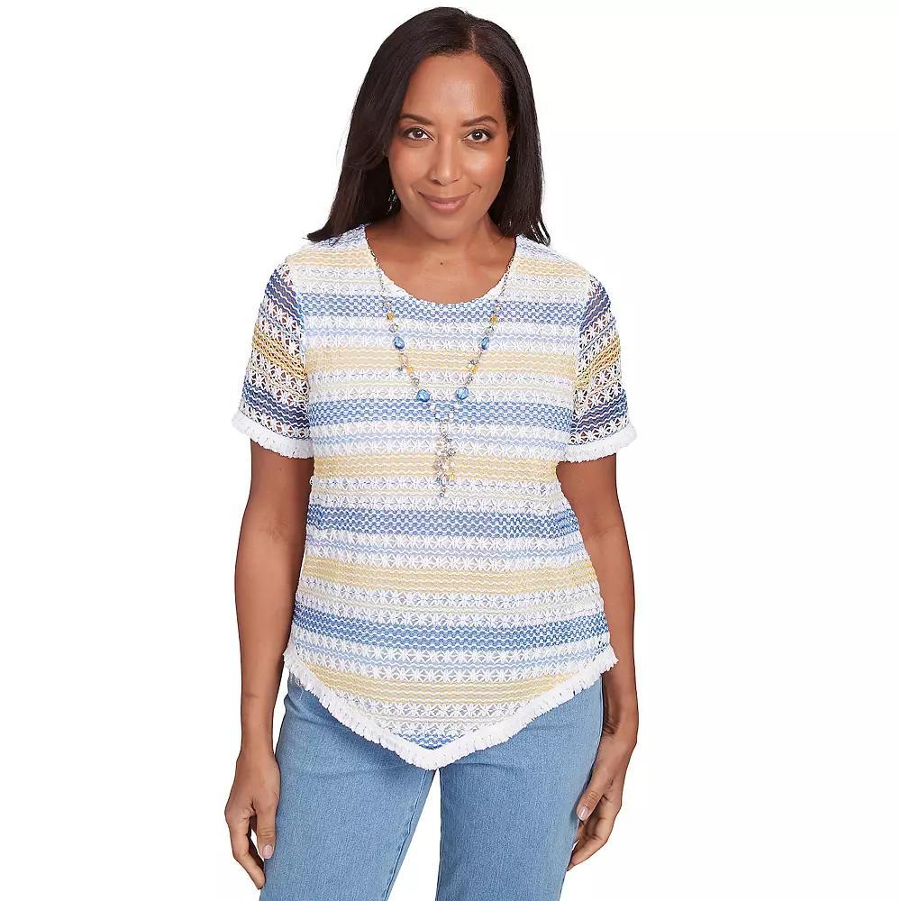 Women's Alfred Dunner Textured Biadere Fringe Top with Necklace, Size: Large, Blue Team Product Image
