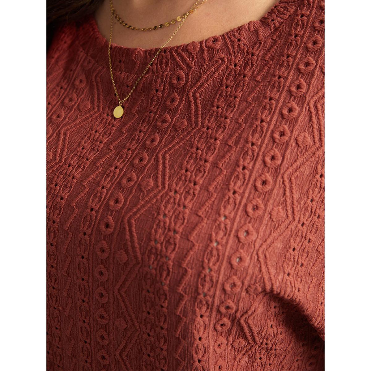 Plus Size Solid Plisse Guipure Lace T-shirt Rust Women Elegant Elastic cuffs Plain Round Neck Dailywear T-shirts BloomChic 22-24/3X Product Image