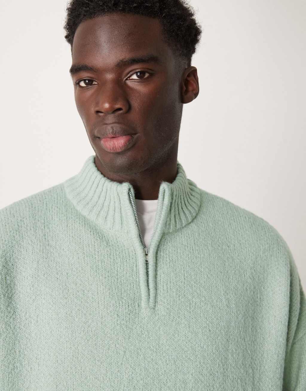 ASOS DESIGN super oversized boxy fit brushed knitted quarter zip sweater in sage green Product Image