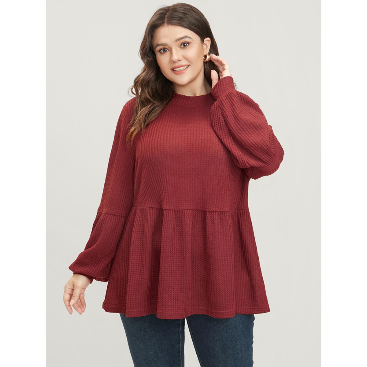 Plus Size Russet Solid Lantern Sleeve Ruffle Hem Textured Blouse Women Elegant Long Sleeve Round Neck Dailywear Blouses BloomChic 18-20/2X Product Image