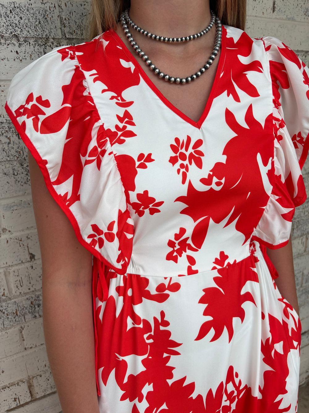 Floral Trimmed V-Neck Ruffle Sleeve Long Dress Product Image