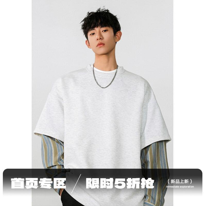 Mock Two-Piece Crew Neck Striped Panel Sweatshirt Product Image