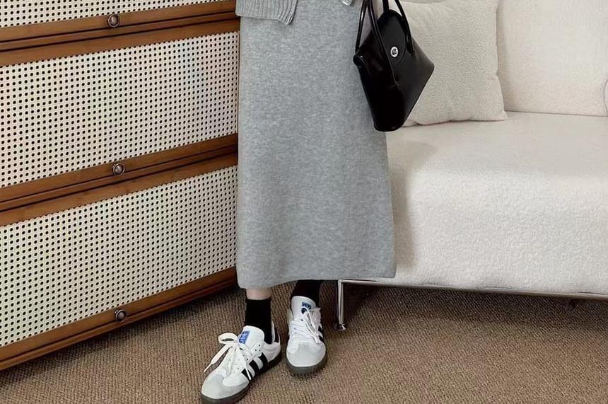 Set: Plain Zip-Up Knit Hoodie + High Rise Slit Midi Straight Skirt Product Image