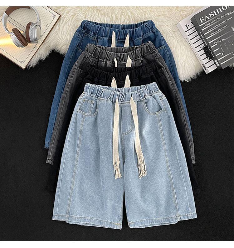 Elastic Waist Washed Denim Shorts Product Image