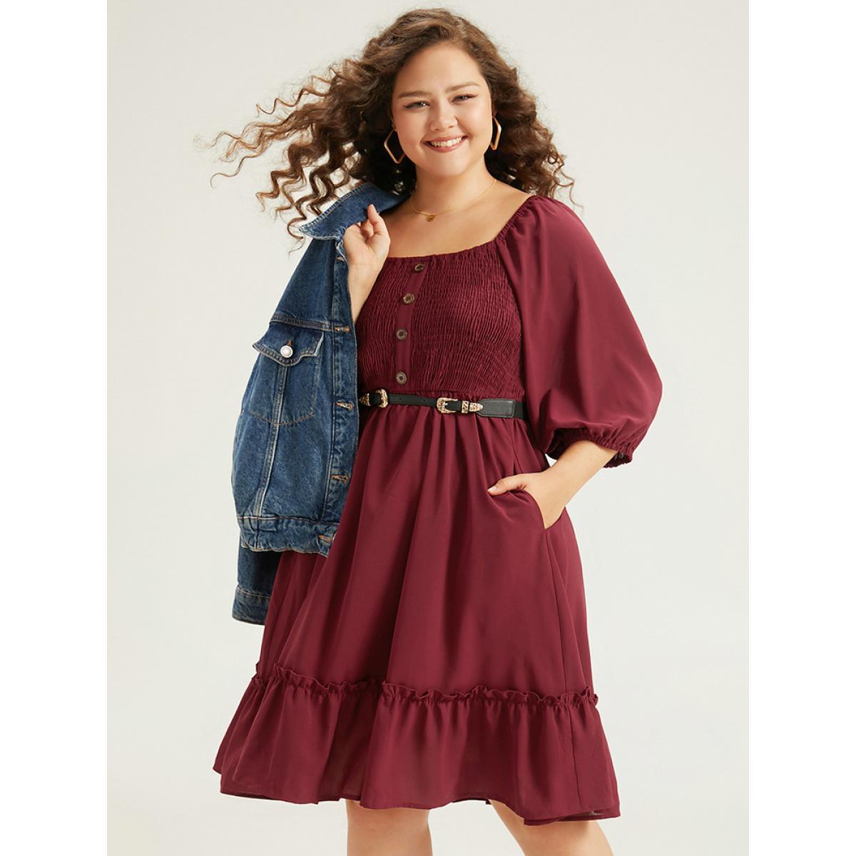Plus Size Shirred Pocket Button Detail Frill Trim Dress Burgundy Women Casual Elastic cuffs Square Neck Elbow-length sleeve Curvy Knee Dress BloomChic 28/5X Product Image