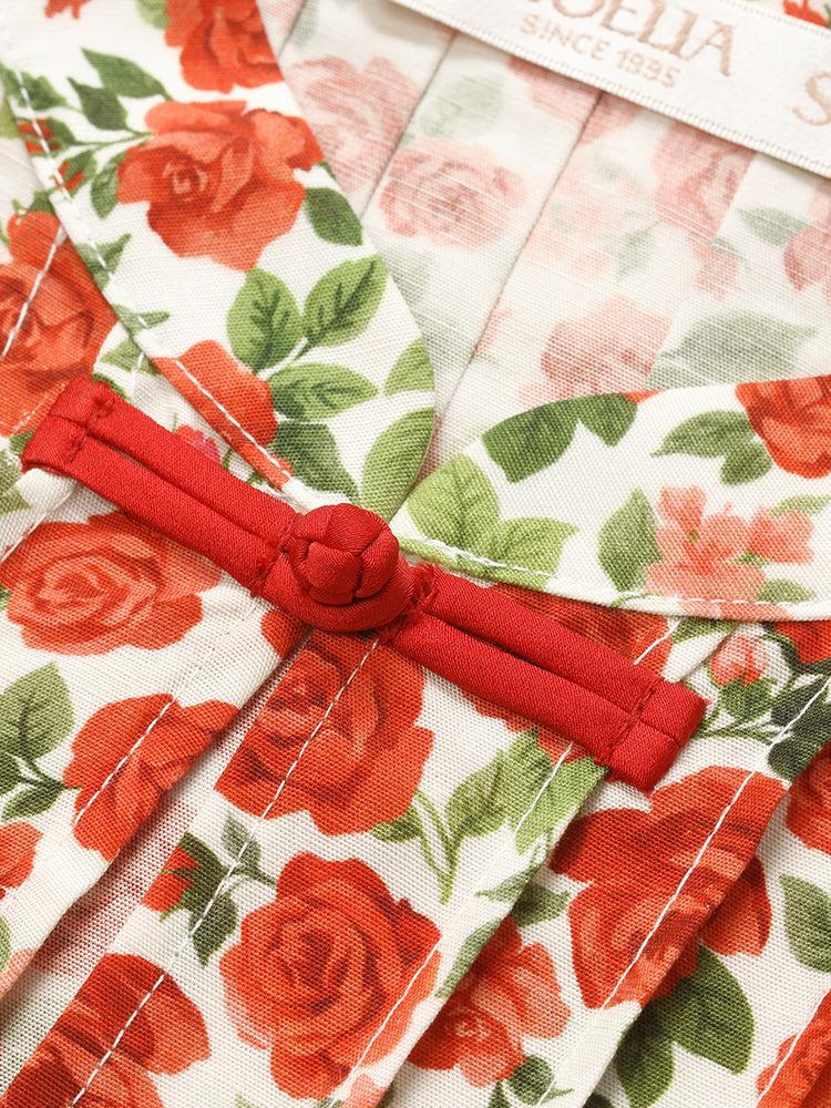 Rose Print Ruffle Sleeves Mandarin Collared Women Mini Dress Product Image