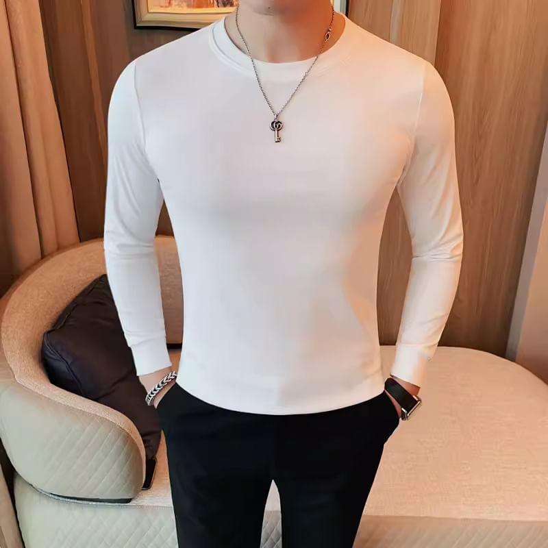 Long-Sleeve Round Neck Plain Slim Fit T-Shirt Product Image