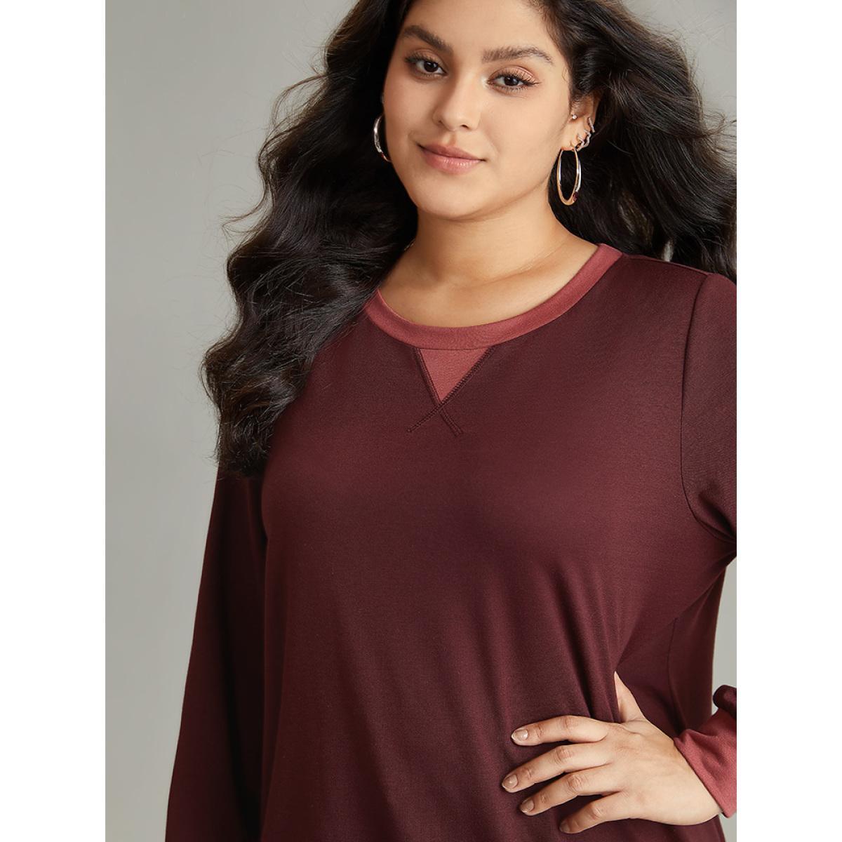Plus Size Contrast Patchwork Stitch Detail Elastic Cuffs Sweatshirt Women Maroon Casual Plain Round Neck Dailywear Sweatshirts BloomChic 14-16/1X Product Image