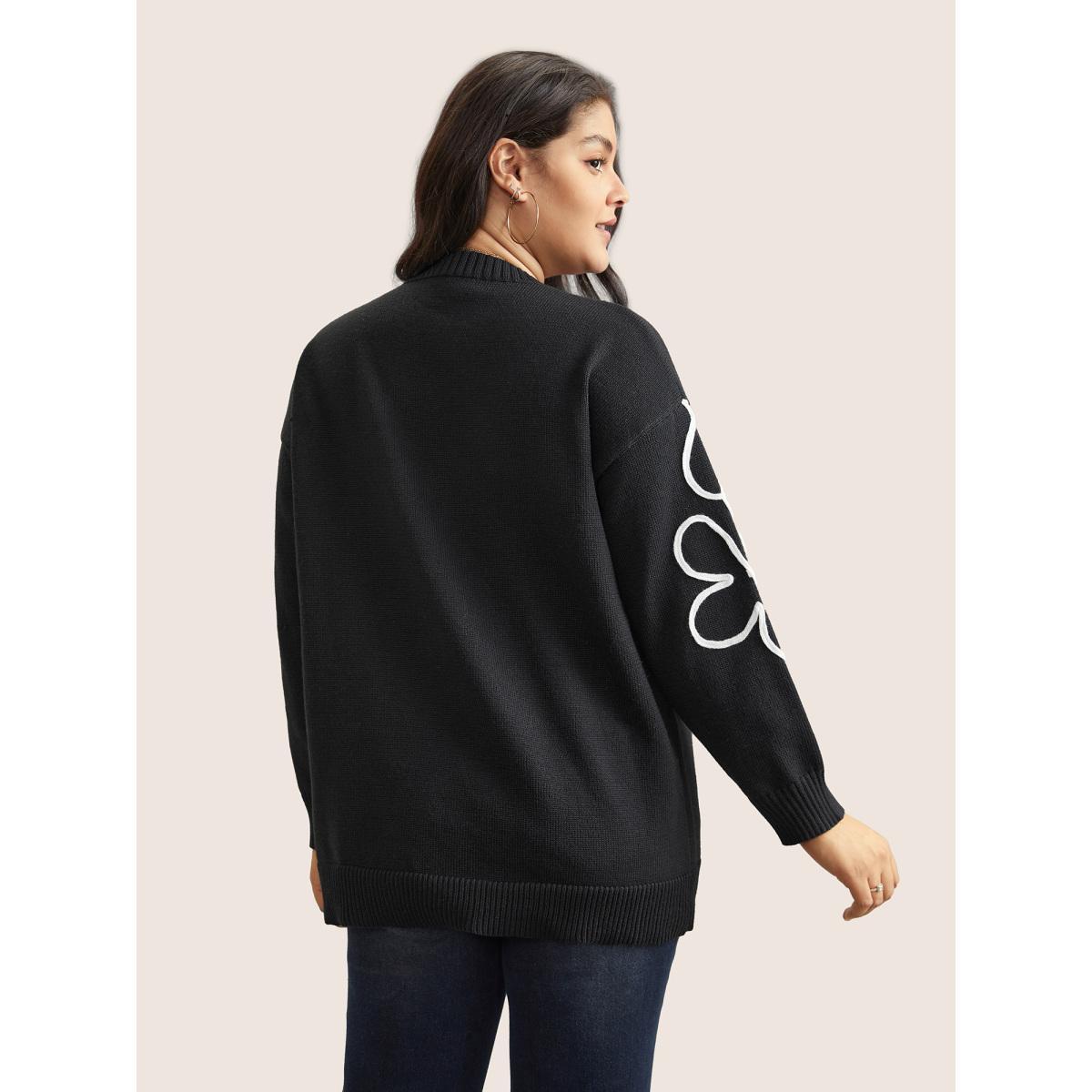 Plus Size Supersoft Essentials Floral Embroidered Crew Neck Pullover Black Women Casual Loose Long Sleeve Round Neck Everyday Pullovers BloomChic 28/5X Product Image