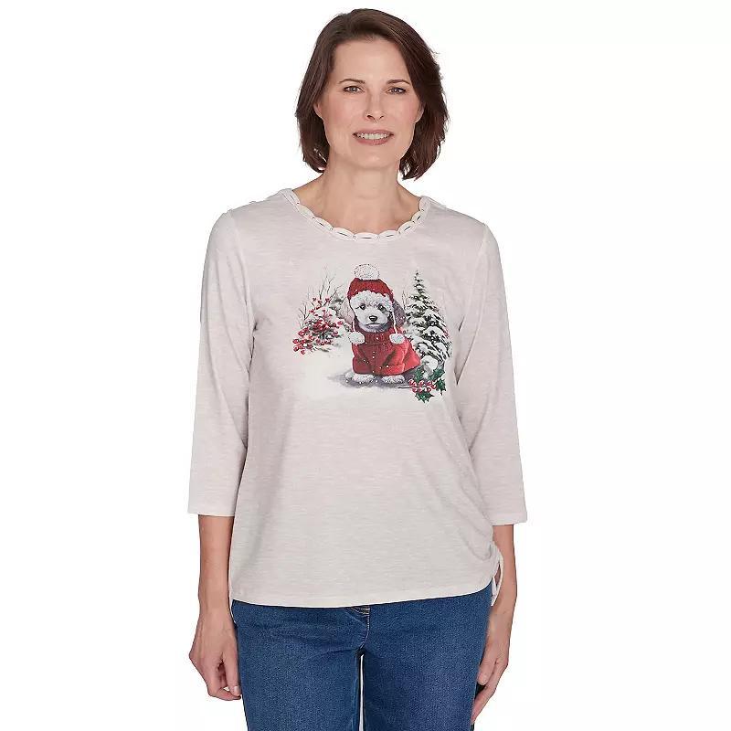 Women's Alfred Dunner Festive Poodle Drawstring Top, Size: Large, Oatmeal Product Image