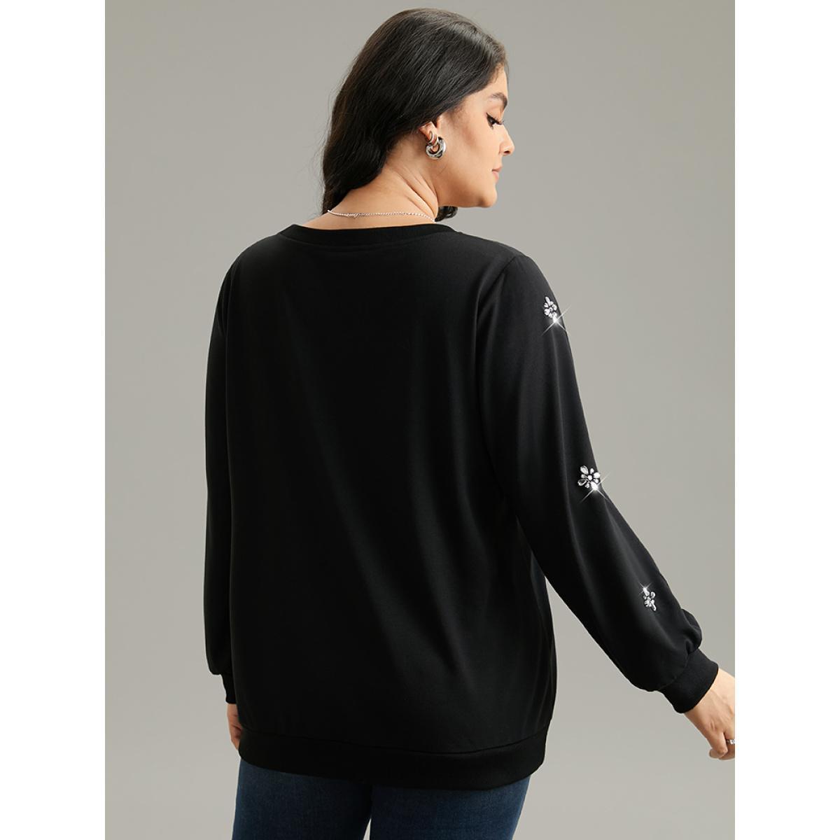 Plus Size Beaded Floral Elastic Cuffs Sweatshirt Women Black Elegant Beaded Round Neck Dailywear Sweatshirts BloomChic 10/M Product Image