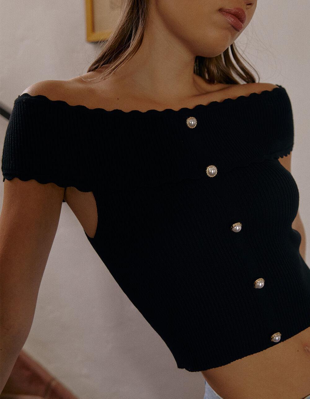WEST OF MELROSE Off The Shoulder Button Front Top - BLACK Product Image