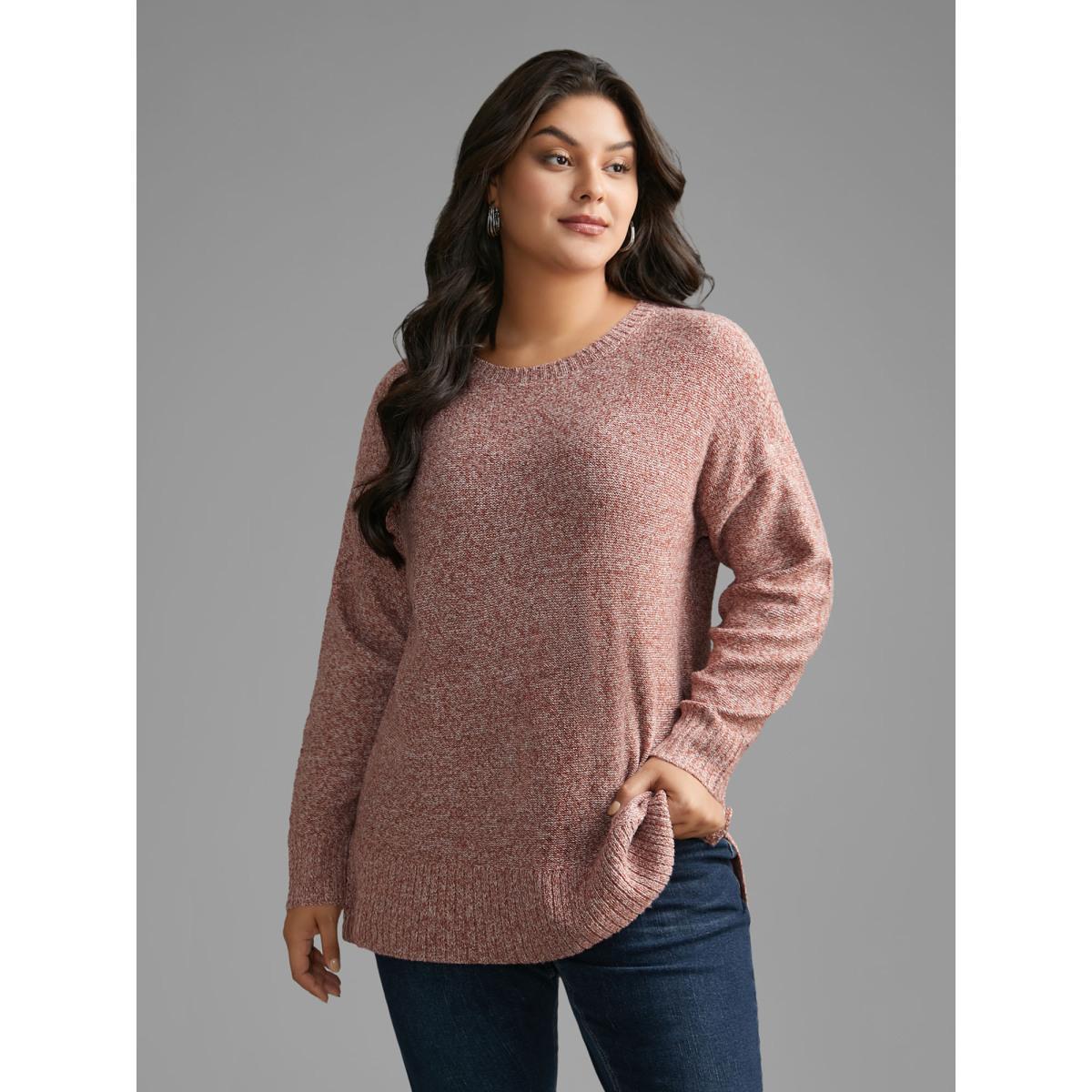 Plus Size Texture Bowknot Cut Out Slit Hem Pullover Crepe Women Casual Loose Long Sleeve Round Neck Everyday Pullovers BloomChic 12/L Product Image
