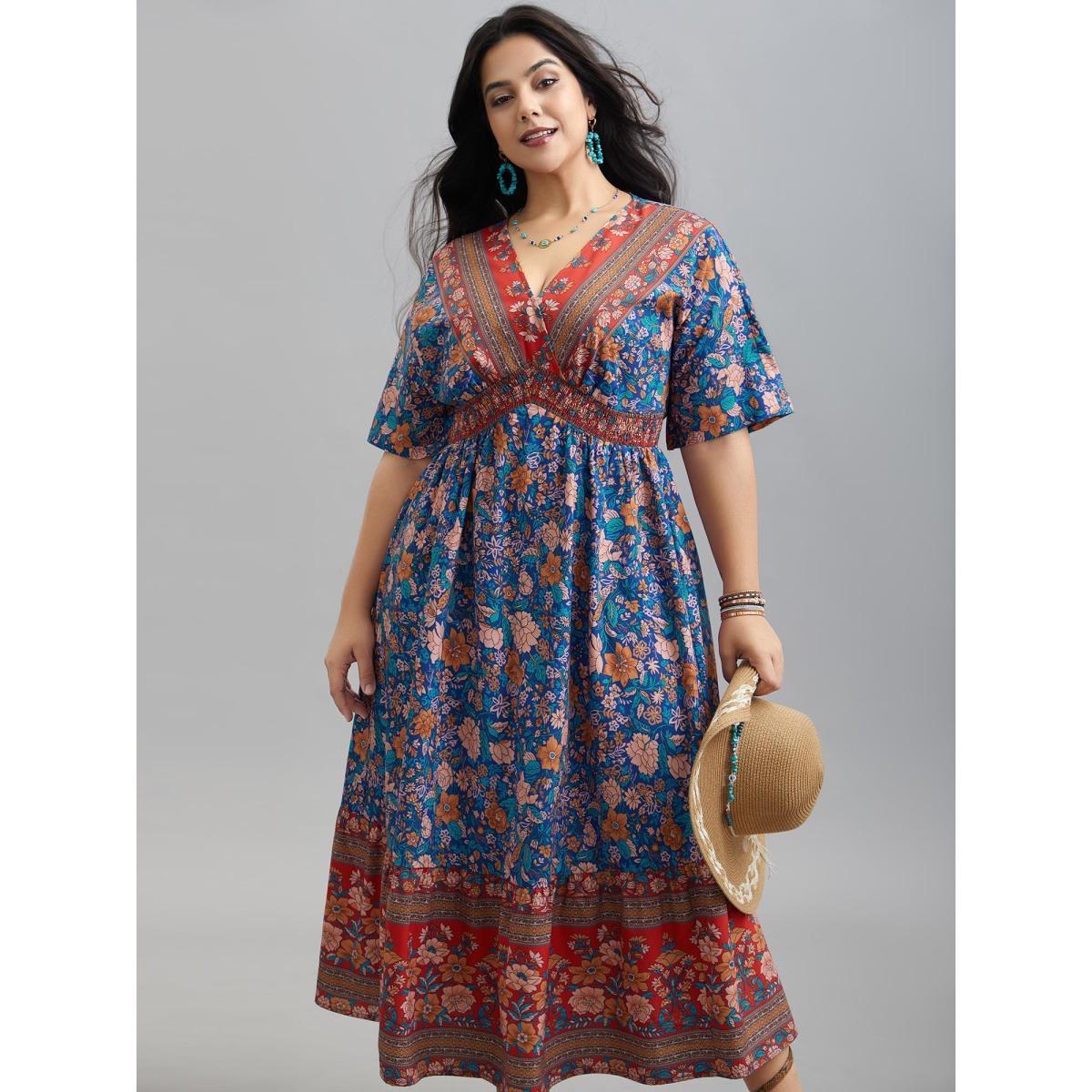 Plus Size Boho Print Ruffled Shirred V-Neck Maxi Dress Mediumblue Women Resort Shirred Overlap Collar Half Sleeve Curvy BloomChic 26/4X Product Image