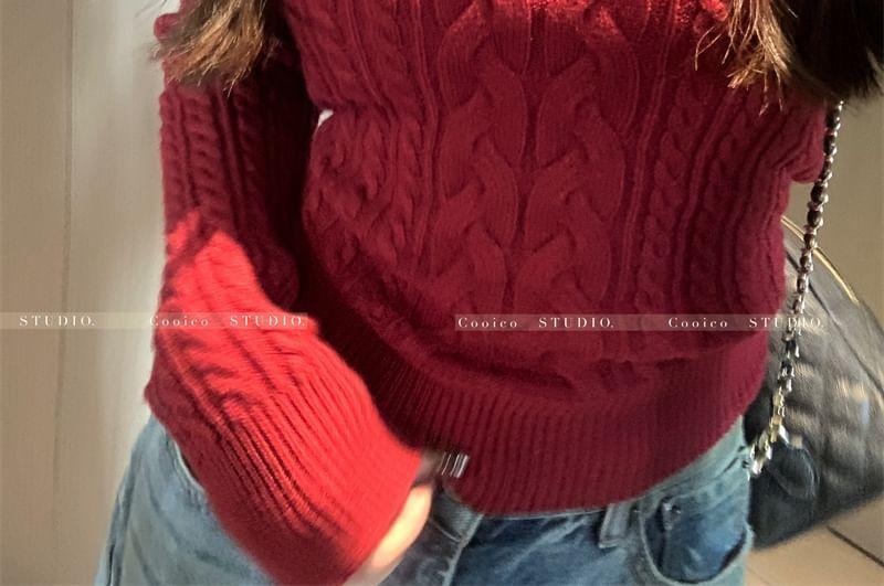 Long-Sleeve Crew Neck Plain Cutout Cable Knit Top Product Image