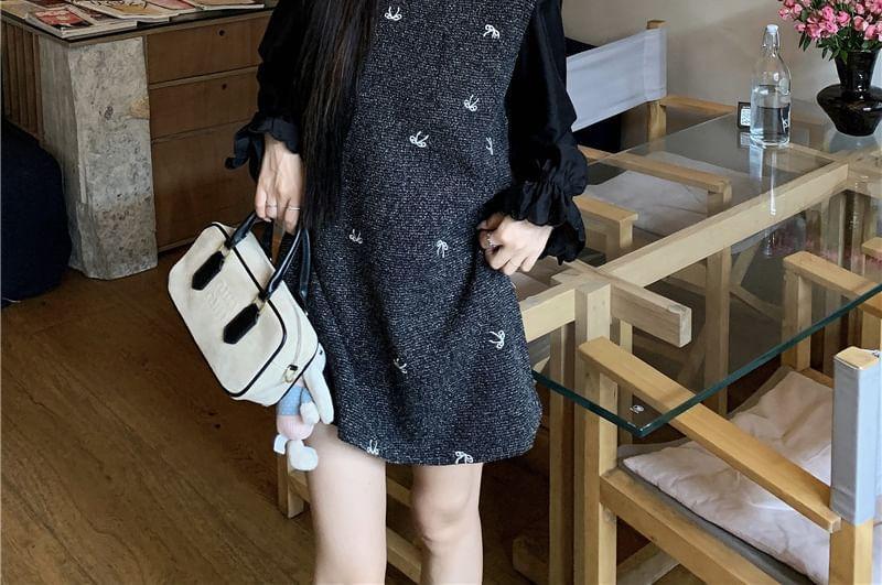 Puff-Sleeve Plain Lace Trim Blouse / Bow Embroidered Mini Jumper Dress Product Image