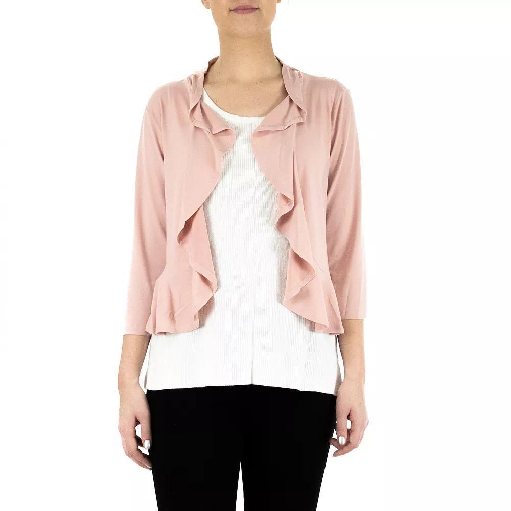 Women's Nina Leonard Ruffle Open-Front Cardigan, Size: Large, Blush Product Image