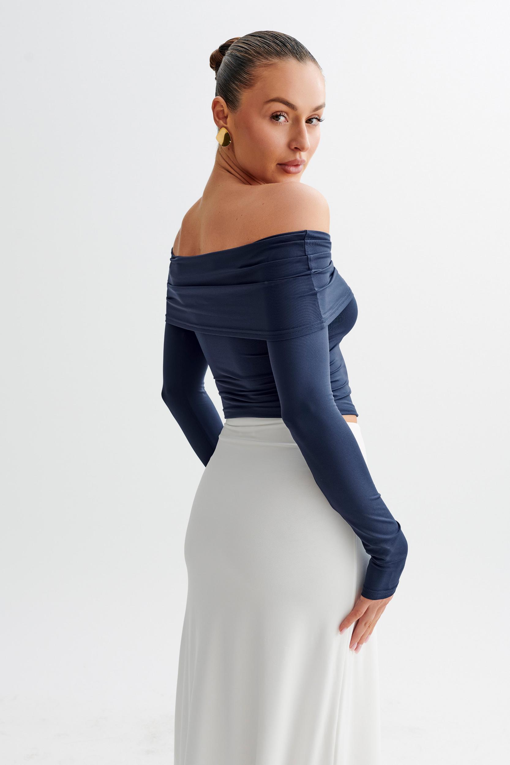 Prue Ruched Off Shoulder Long Sleeve Top - Navy Product Image