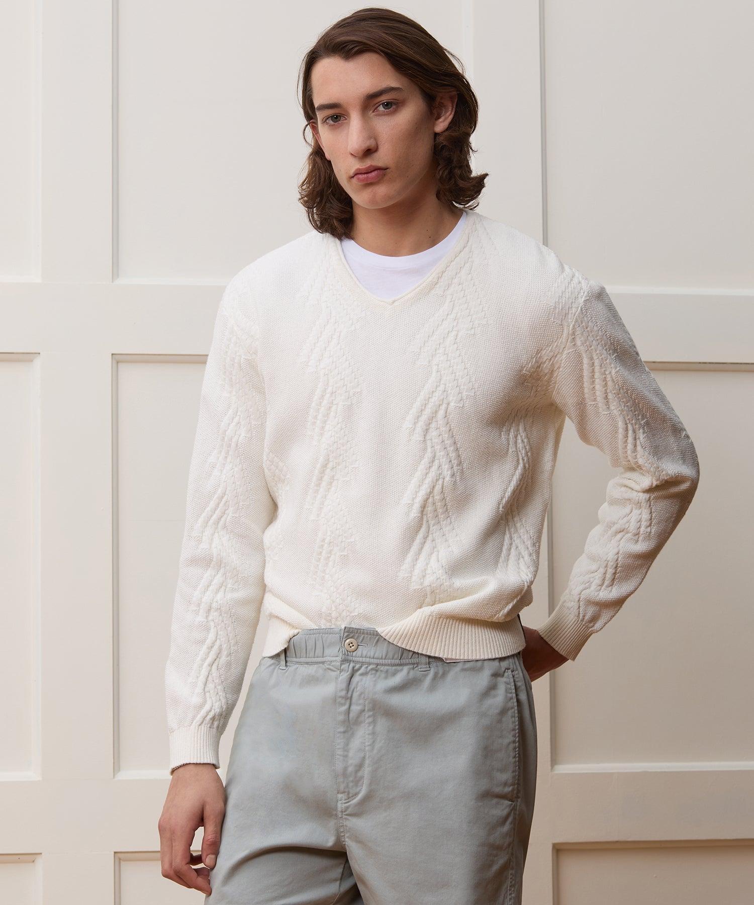 Cotton V-Neck Fisherman Sweater Product Image