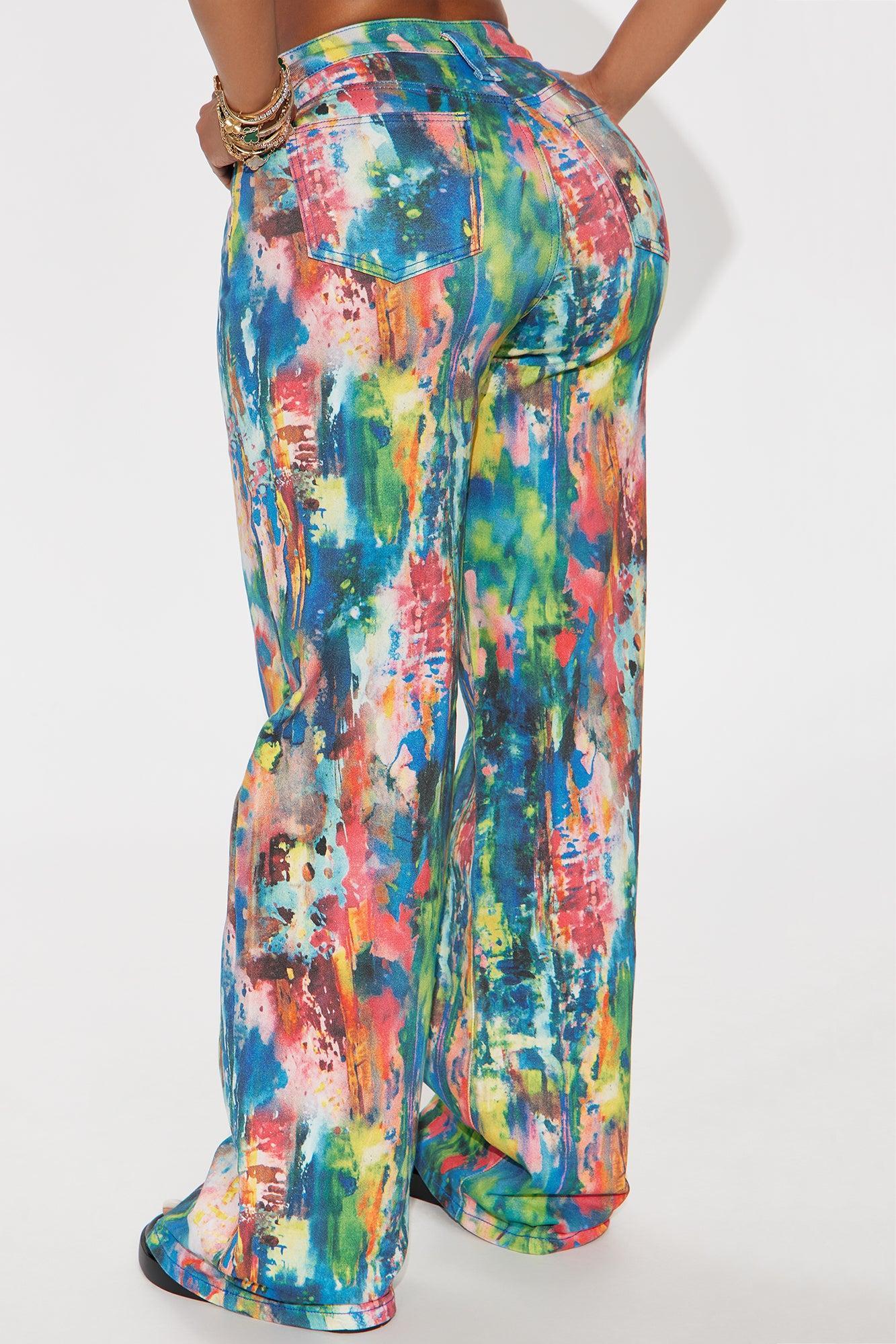 Tripped Up Printed Wide Leg Jeans - Multi Color Product Image