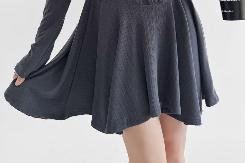 Long Sleeve Polo Collar Plain Mini A-Line Dress Product Image