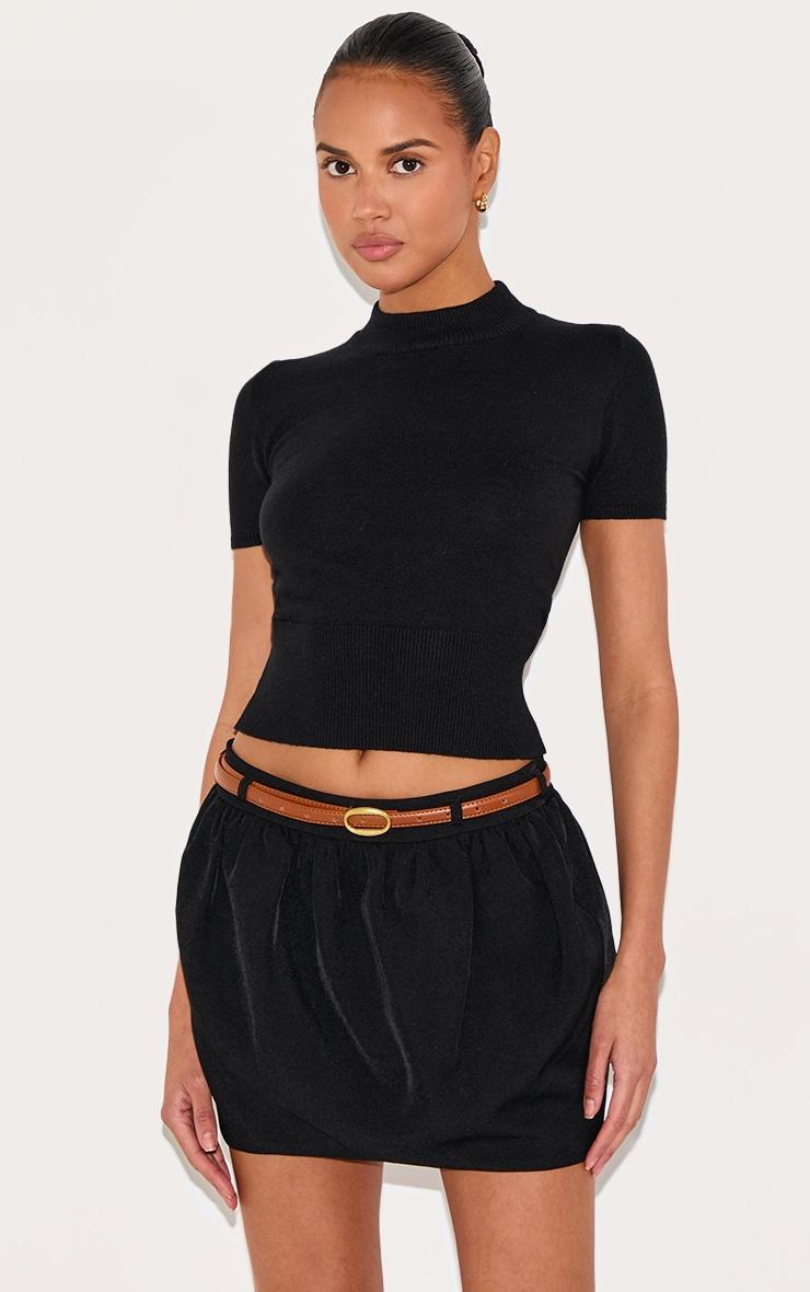 Black Woven Belted Tulip Mini Skirt Product Image