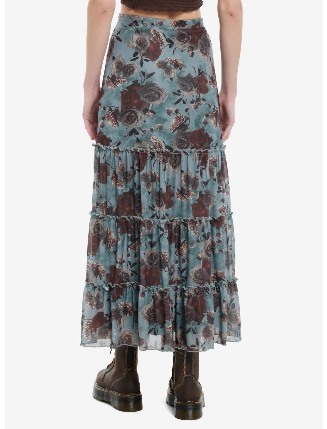Thorn & Fable Rose & Mushroom Tiered Mesh Maxi Skirt Product Image