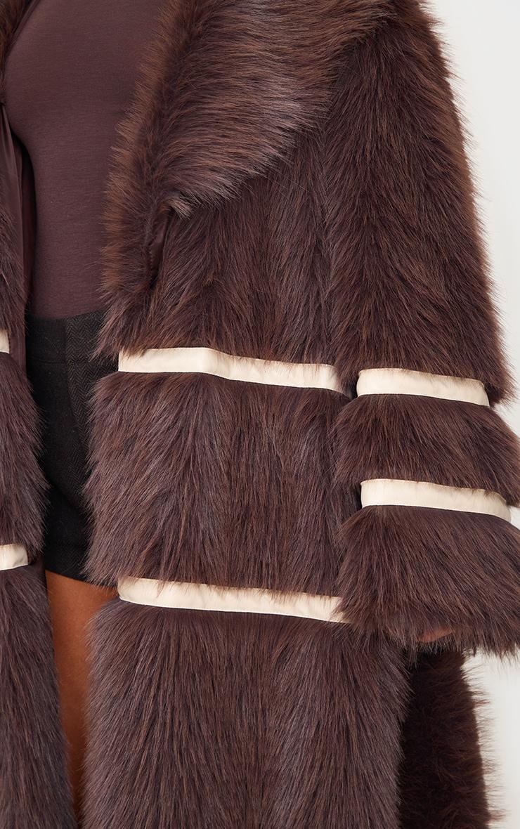 Brown Faux Fur Contrasting Faux Leather Trim Maxi Coat Product Image