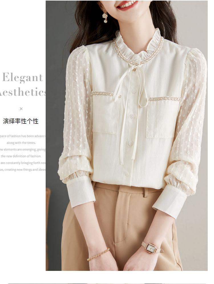 Long-Sleeve Stand Collar Jacquard Frill Trim Tie Front Button-Up Blouse Product Image