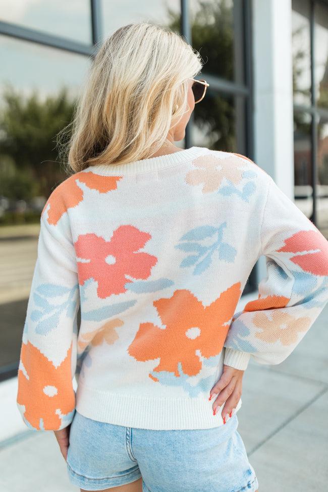 Fact Of The Matter Coral Multi Floral Crew Neck Sweater FINAL SALE Product Image