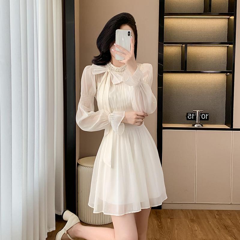 Long-Sleeve Round Neck Plain Bow Beaded Mini A-Line Dress Product Image