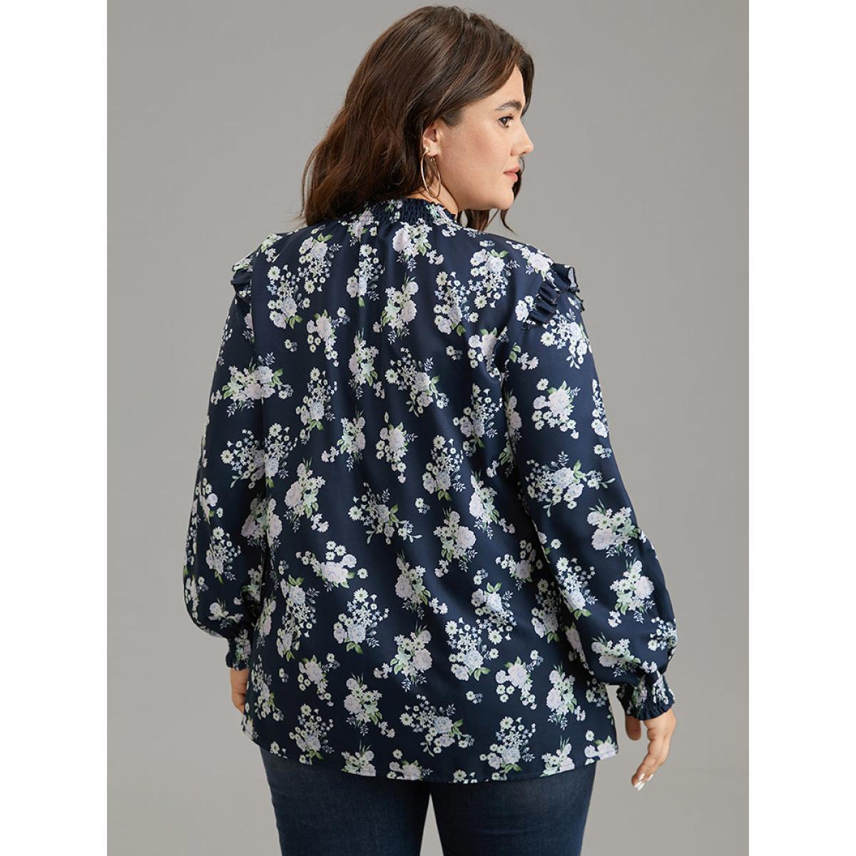 Plus Size Indigo Ruffle Trim Floral Print Shirred Blouse Women Elegant Long Sleeve Mock Neck Work Blouses BloomChic 12/L Product Image