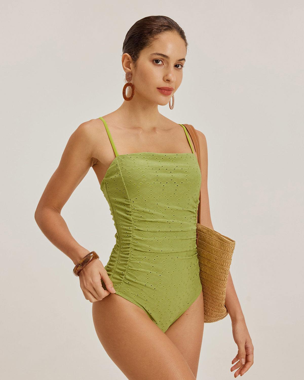 Green Jacquard Bralette One-Piece Swimsuit Product Image