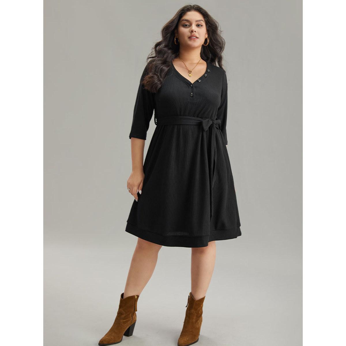 Plus Size Waffle Knit Button Detail Belted Dress Black Women Casual Plain V-neck Elbow-length sleeve Curvy Midi Dress BloomChic 22-24/3X Product Image