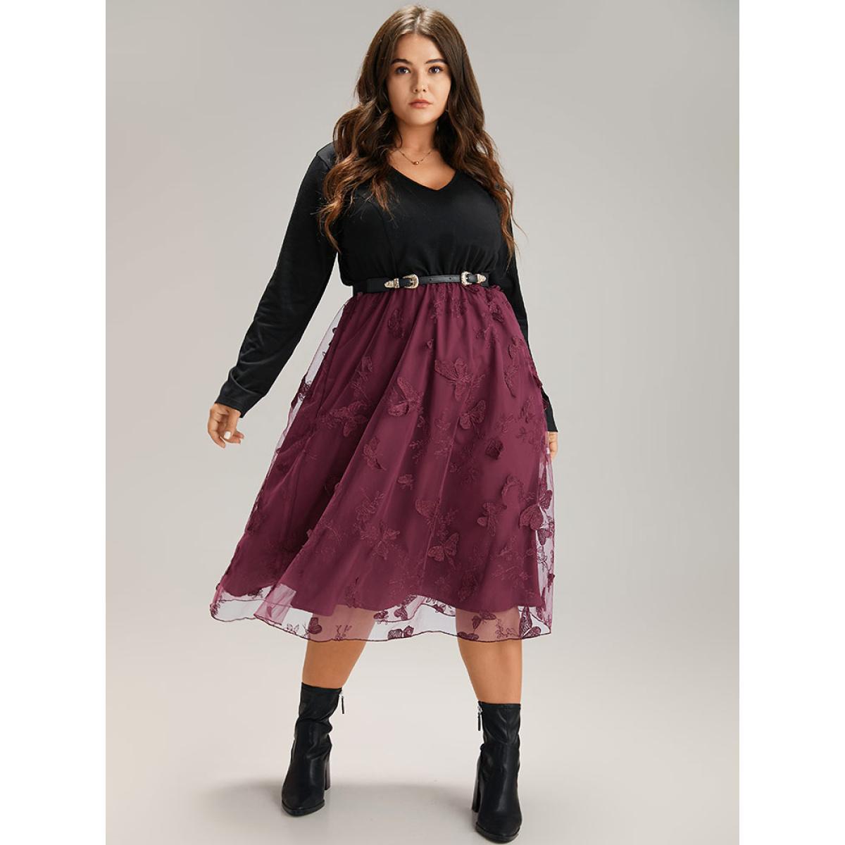 Plus Size Butterfly Graphic Patchwork Mesh Dress Burgundy Women Glamour See through V-neck Long Sleeve Curvy Midi Dress BloomChic 10/M Product Image
