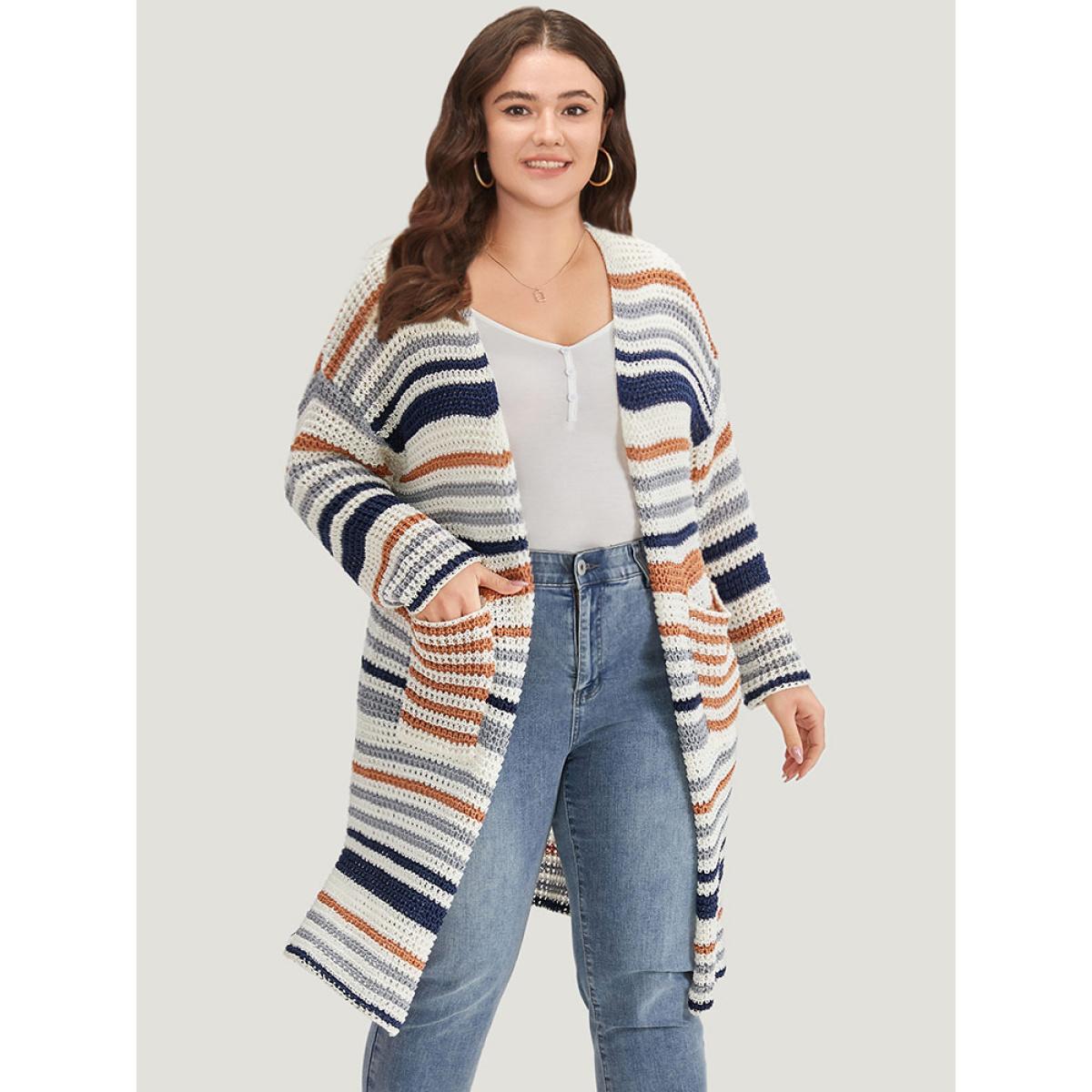 Plus Size Contrast Striped Patched Pocket Split Side Cardigan Multicolor Women Casual Loose Long Sleeve Dailywear Cardigans BloomChic 30/6X Product Image