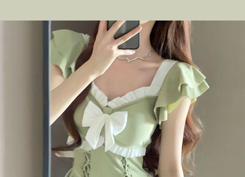 Cap-Sleeve Two Tone Bow Lace-Up Swim Dress Product Image
