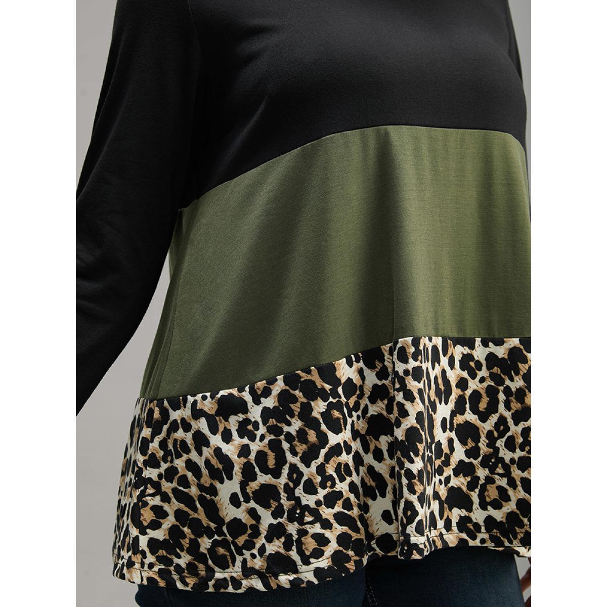 Plus Size Colorblock Leopard Contrast Round Neck T-shirt Multicolor Women Casual Contrast Leopard Round Neck Everyday T-shirts BloomChic 10/M Product Image