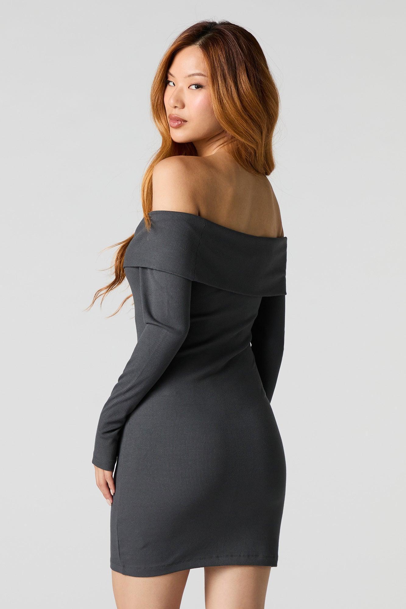 Ribbed Off Shoulder Long Sleeve Mini Dress Female Product Image