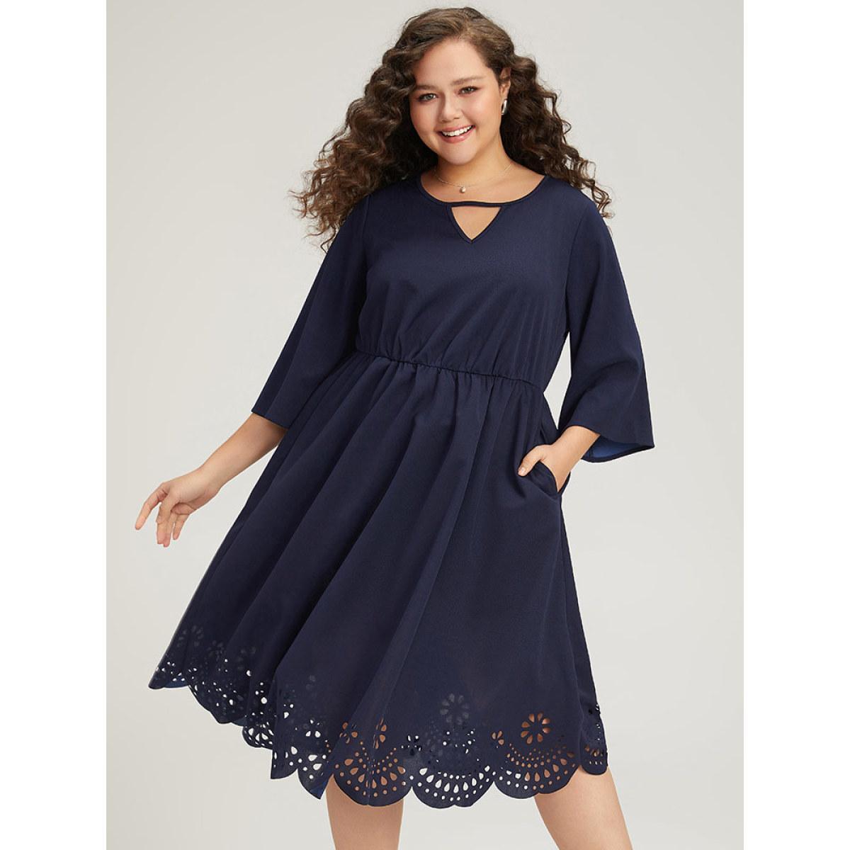 Plus Size Plain Keyhole Pocket Laser Cut Dress Navy Women Office Plain Notched collar Elbow-length sleeve Curvy Midi Dress BloomChic 18-20/2X Product Image
