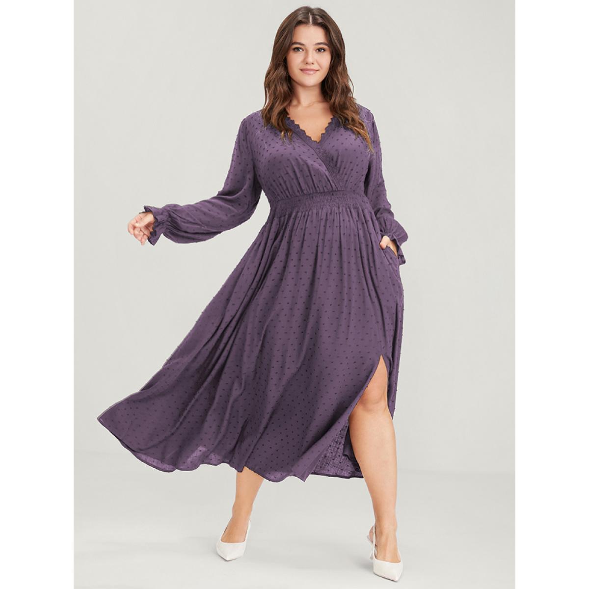 Plus Size Polka Dot Pocket Lantern Sleeve Lace Trim Shirred Dress Mauve Women Elegant Cross straps V-neck Long Sleeve Curvy Long Dress BloomChic 30/6X Product Image