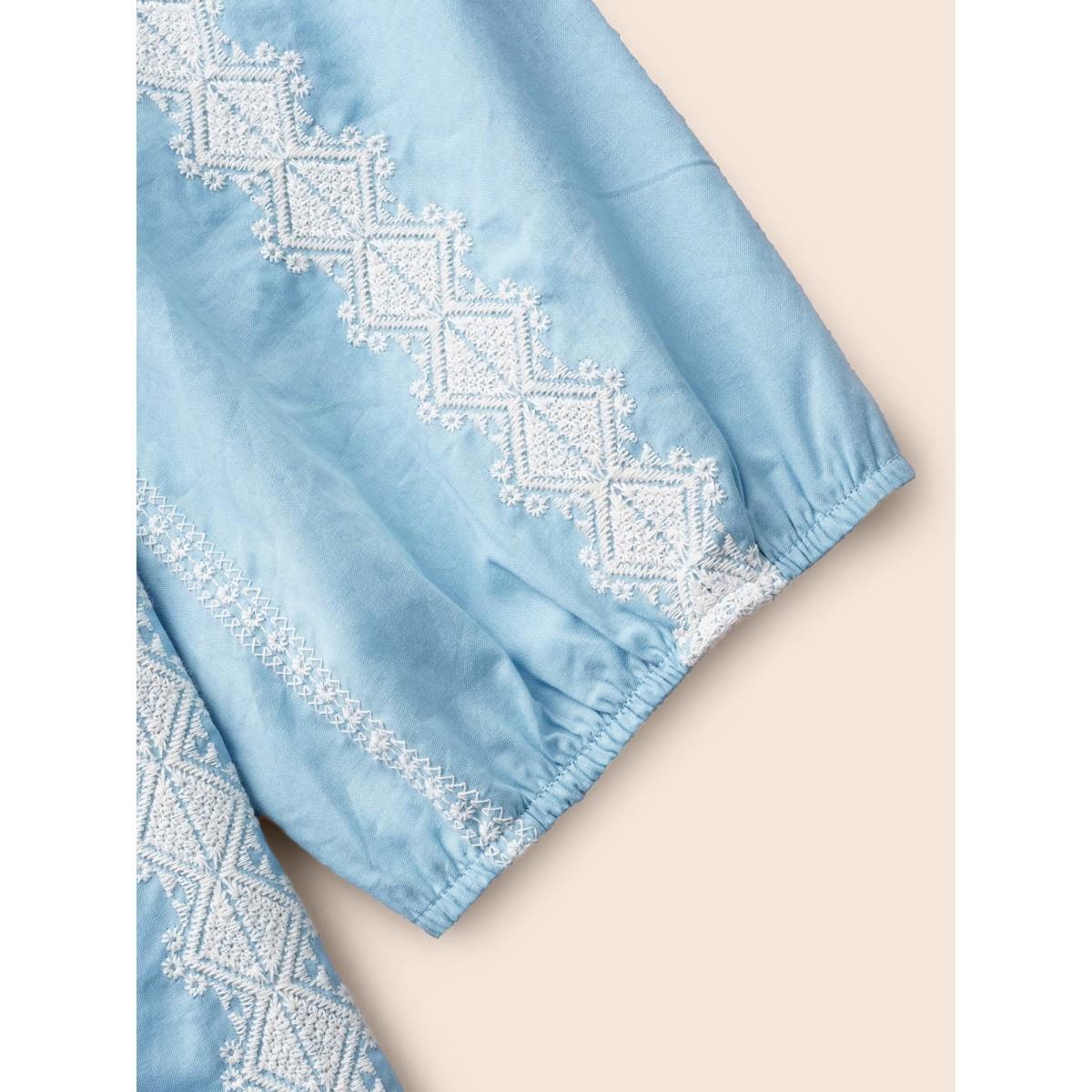 Plus Size LightBlue Striped Notched Embroidered Button Detail Blouse Women Resort Elbow-length sleeve Notched collar Vacation Blouses BloomChic 14-16/1X Product Image