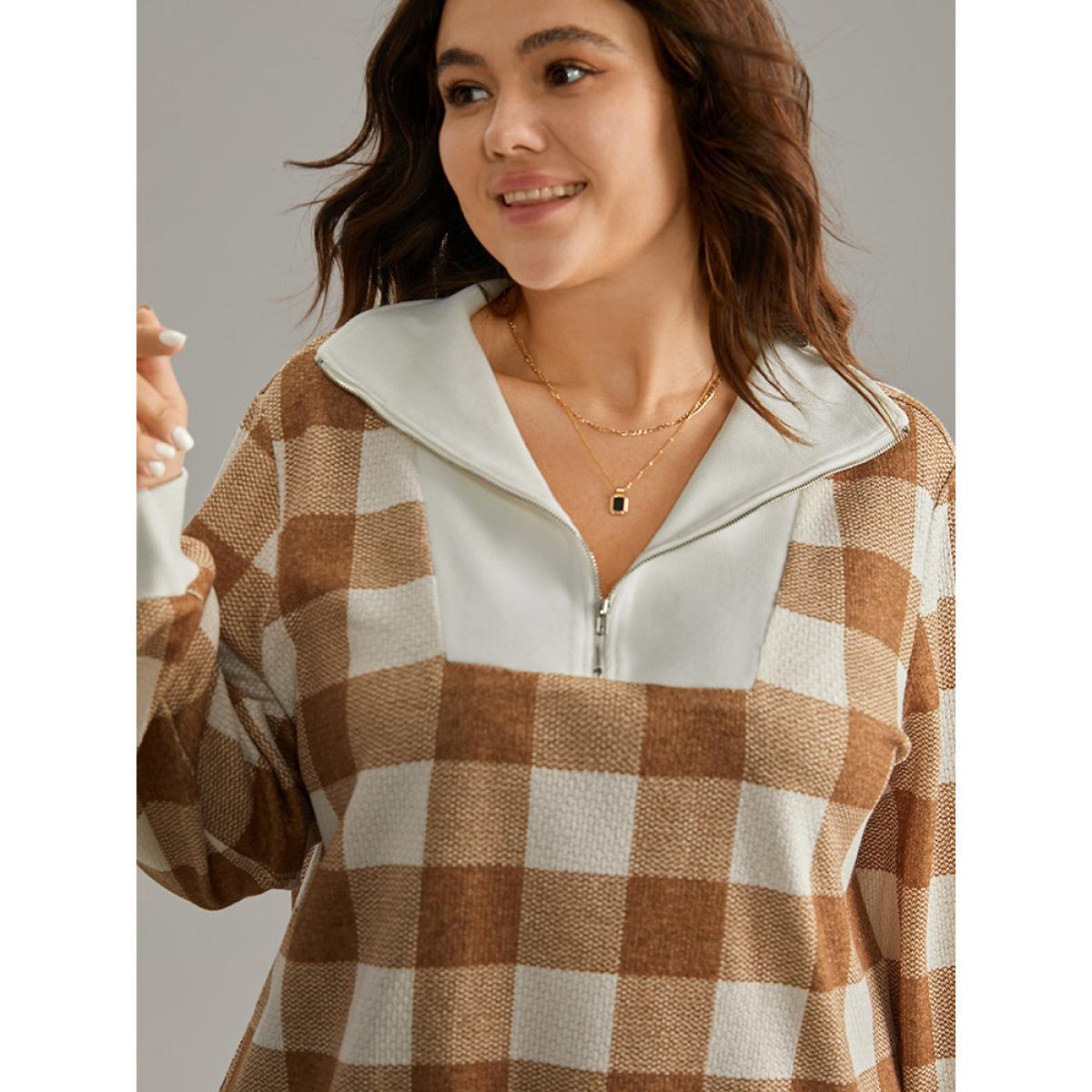 Plus Size Plaid Patchwork Contrast Half Zip Sweatshirt Women Bronze Casual Contrast Polo Dailywear Sweatshirts BloomChic 10/M Product Image