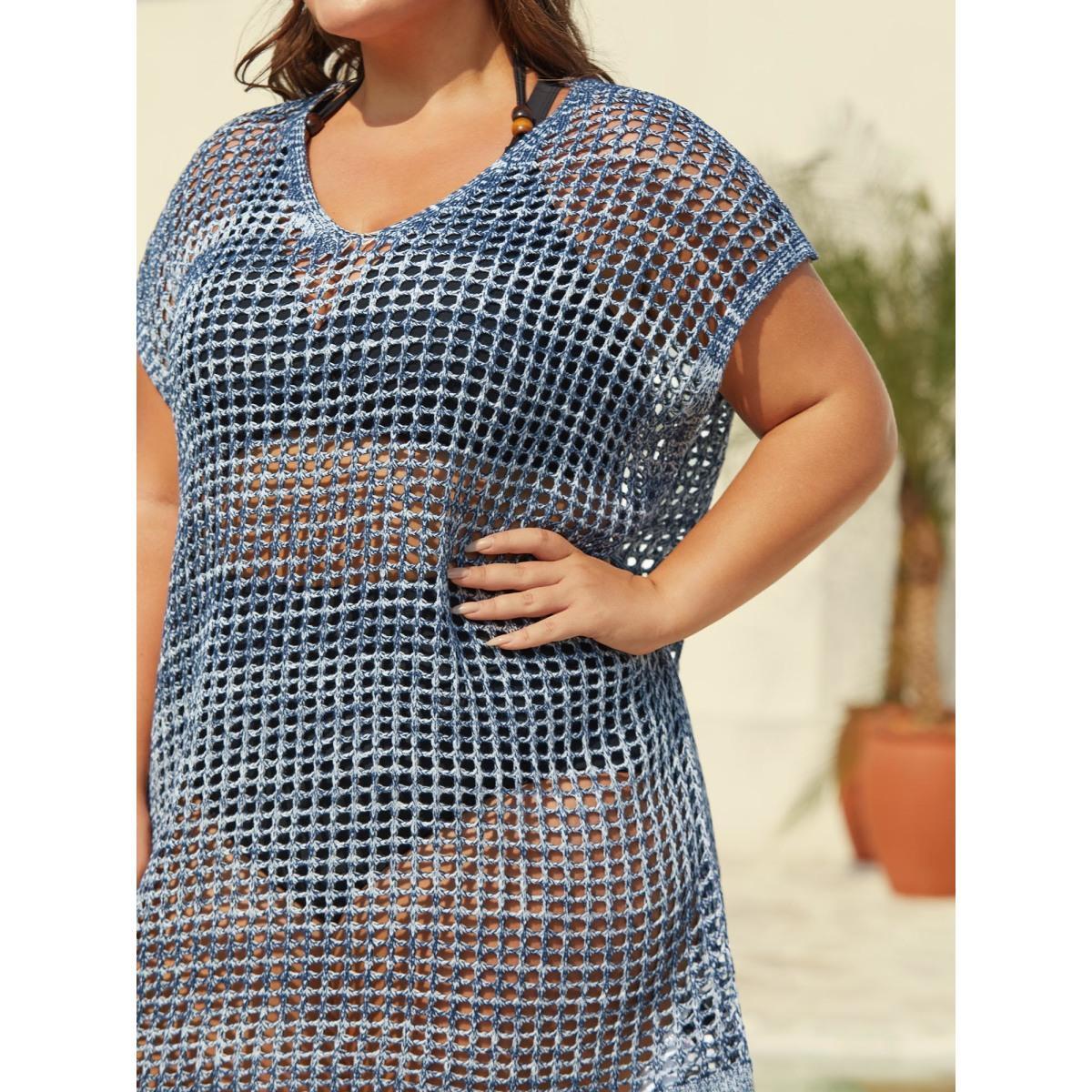 Plus Size Color Contrast Cut-Out Swim Cover-Up Women's Swimwear Indigo Beach Loose Texture Curve Swim Cover Ups BloomChic 26/4X Product Image