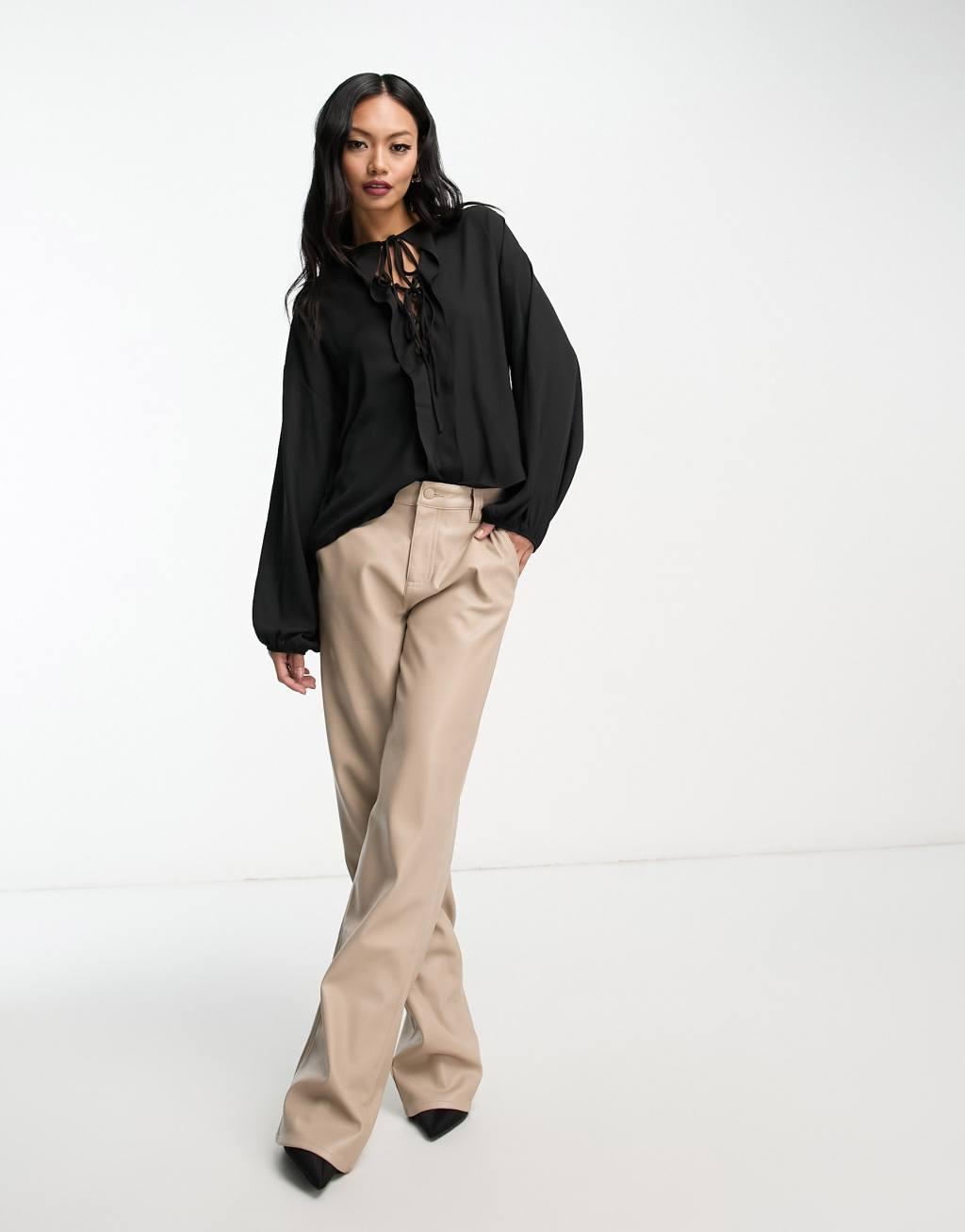 Mango lace up v neck blouse Product Image