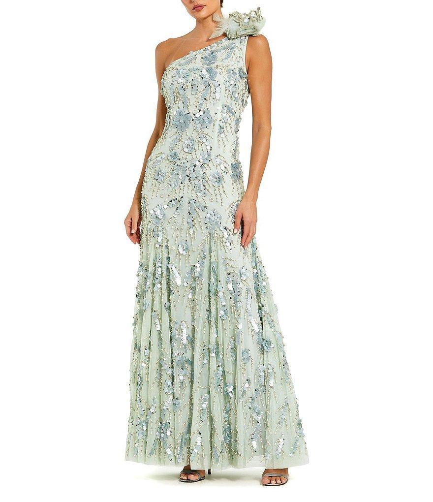 Mac Duggal Embellished Mesh One Shoulder Neck Sleeve 3D Flower Detail Gown Product Image